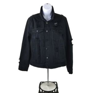 Refuge Black Distressed Destroyed Long Sleeve Denim Jacket Womens Medium